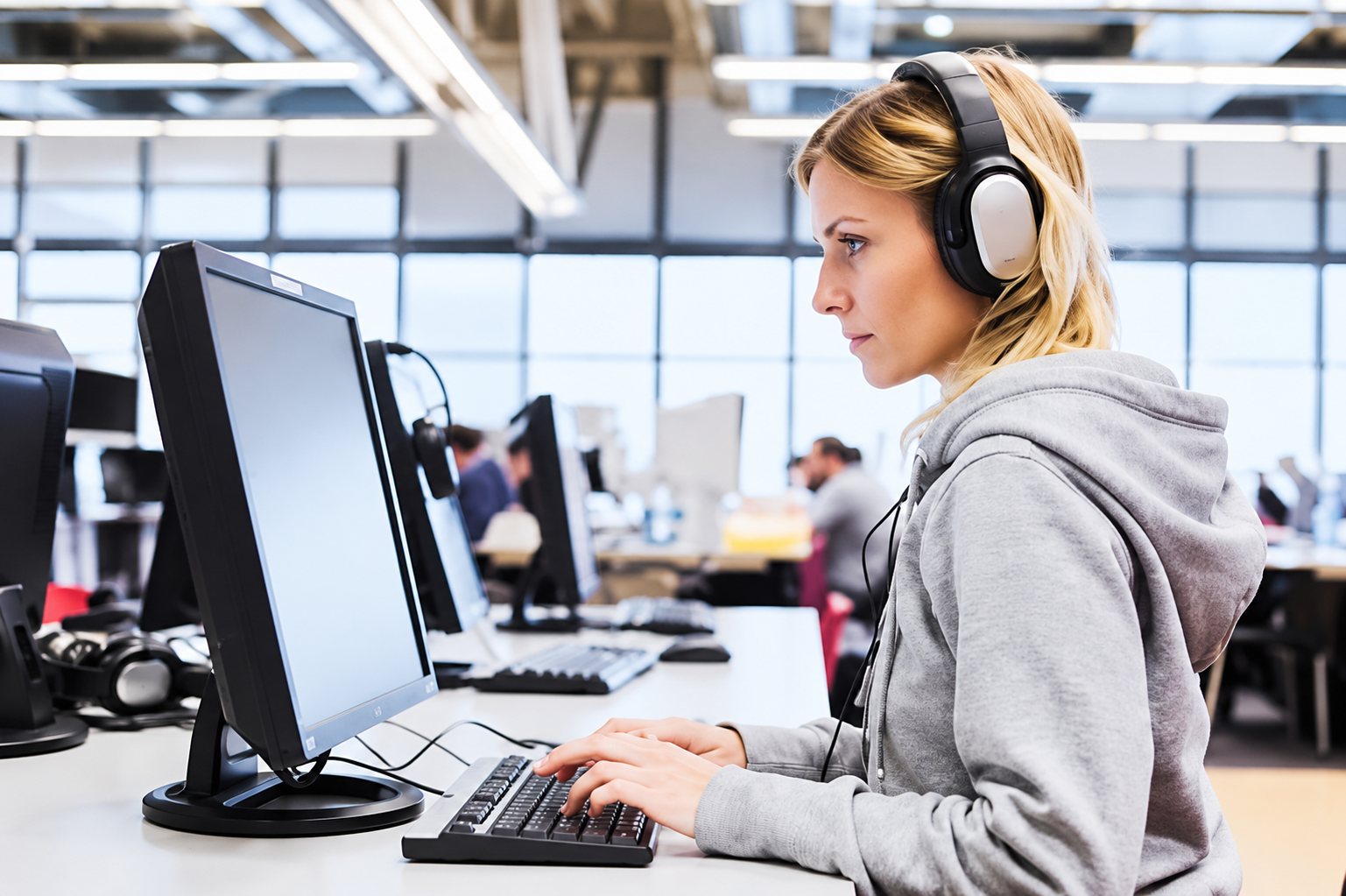 Une jeune femme blonde portant un casque audio et un sweat à capuche gris travaille sur un ordinateur dans un open space.